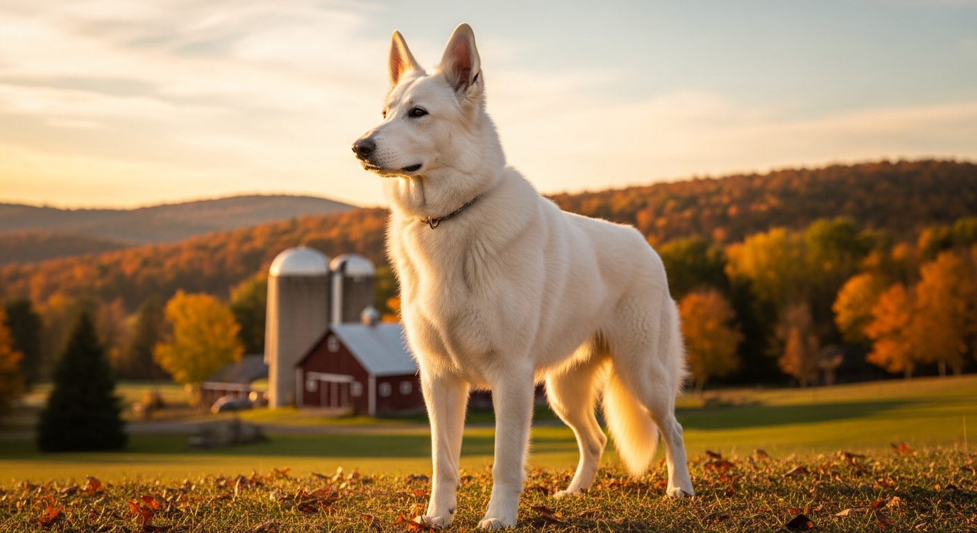 Well-muscled adult White Swiss Shepherd stud dog standing in a natural stance on a Vermont farm in autumn light